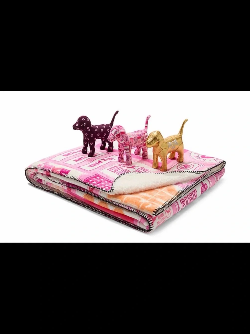 New VS PINK Logo Fleece Sherpa Cozy Blanket & Mystery Dog Bundle 50”x60”
